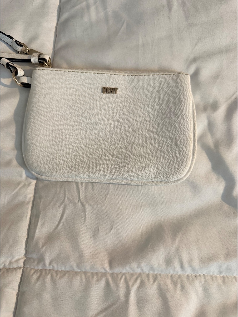 DKNY White Wristlet Pouch Bag with Gold Logo